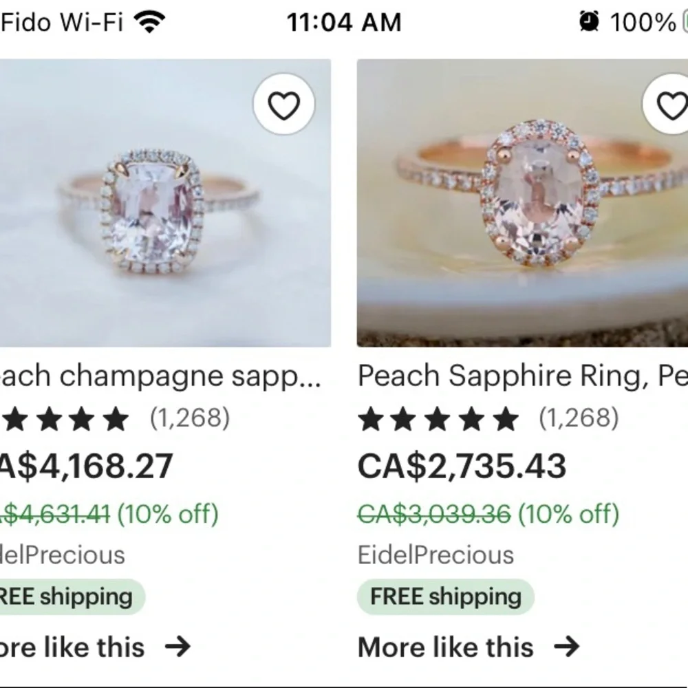 14k rose gold, diamond and emerald cut peach sapphire engagement ring - Picture 15 of 16
